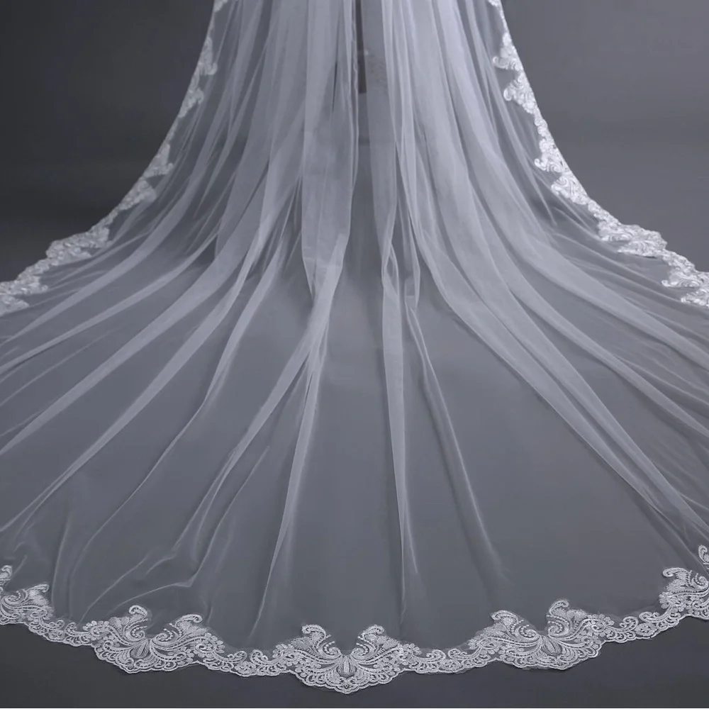 Elegant Long Lace-Edged Wedding Veil in White